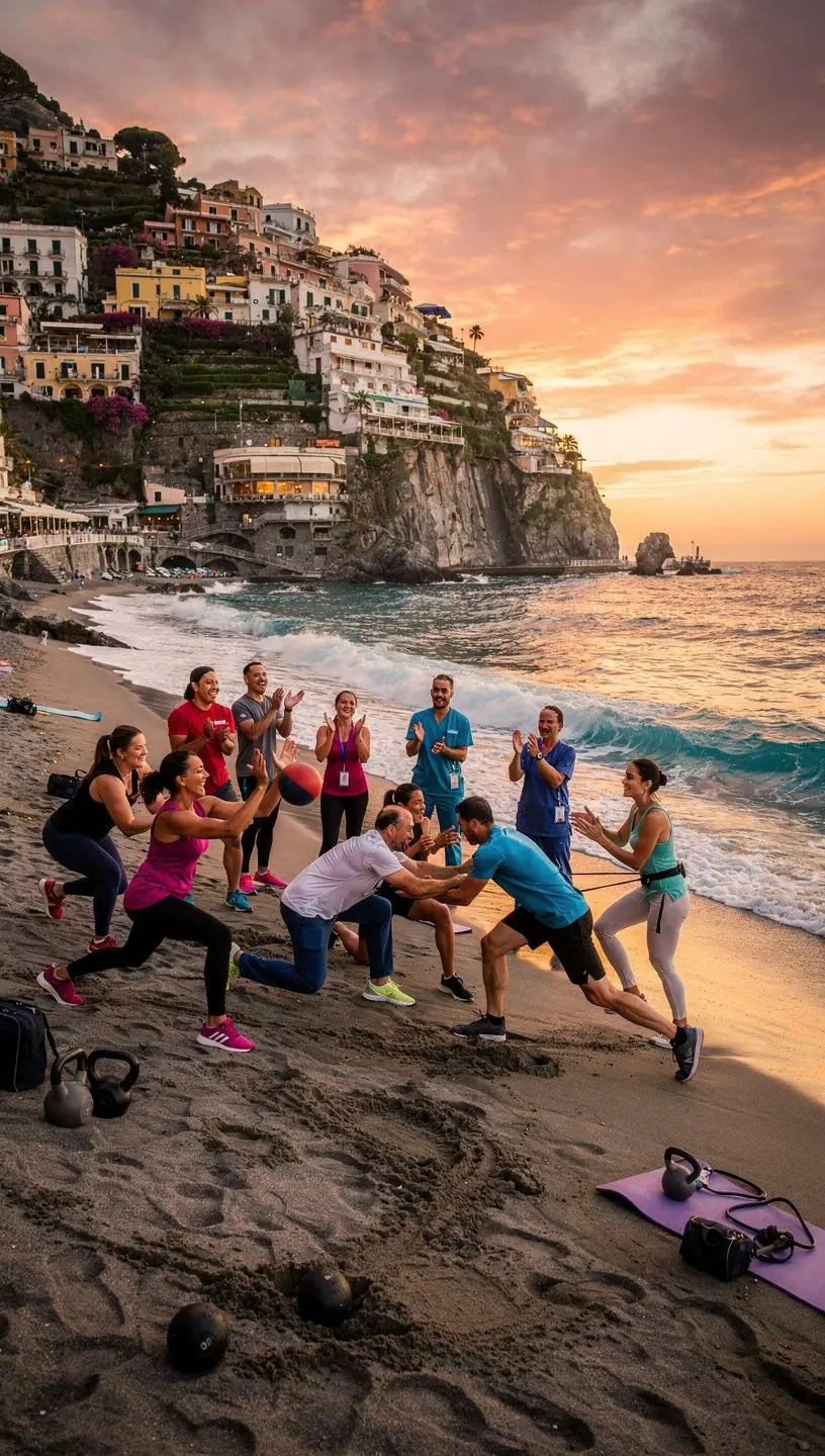 Ragazzi che praticano stretching su un prato, immersi nella natura.