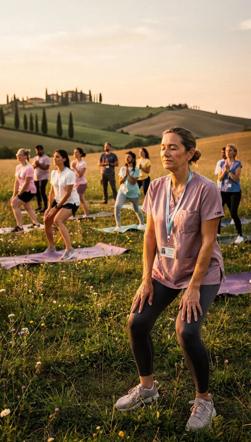 Un istruttore che guida una lezione di fitness all'aperto circondato da alberi.
