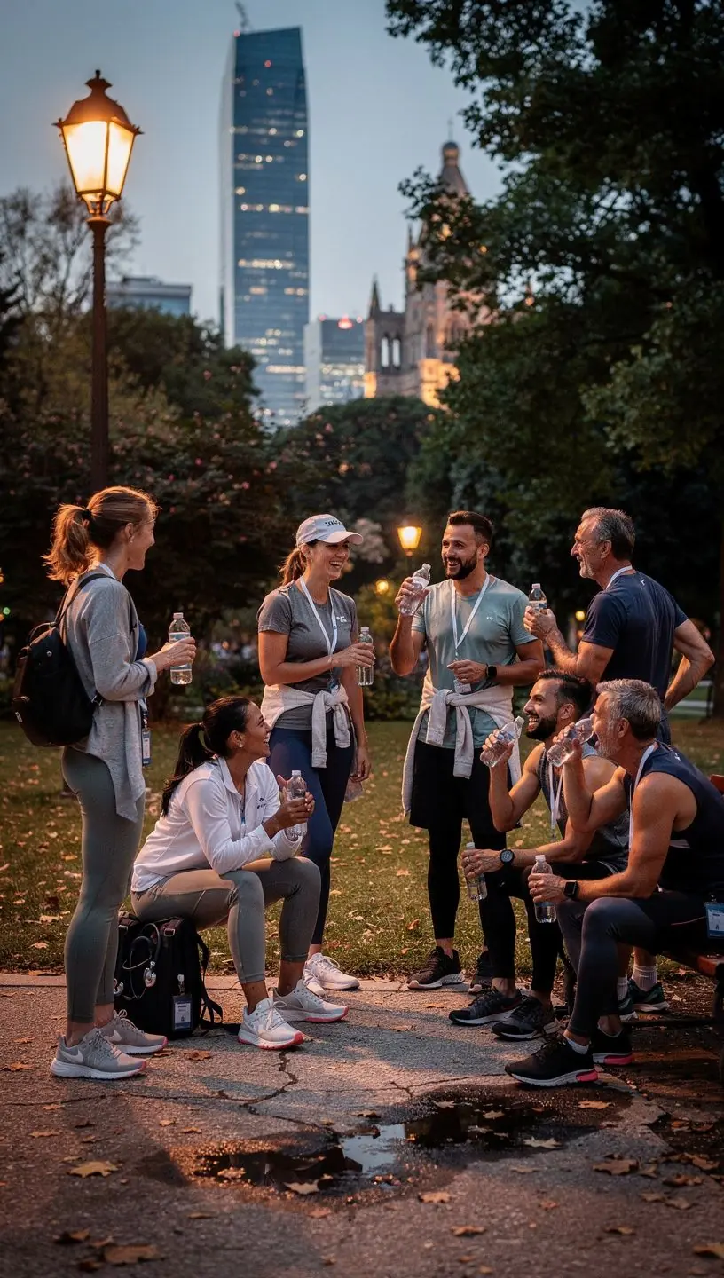 Un gruppo di amici che camminano lungo un sentiero naturalistico, sorridendo e godendo della natura.
