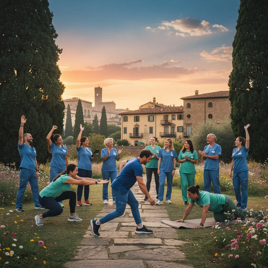 Una panoramica di un parco affollato da appassionati di fitness impegnati in diverse attività all'aperto.