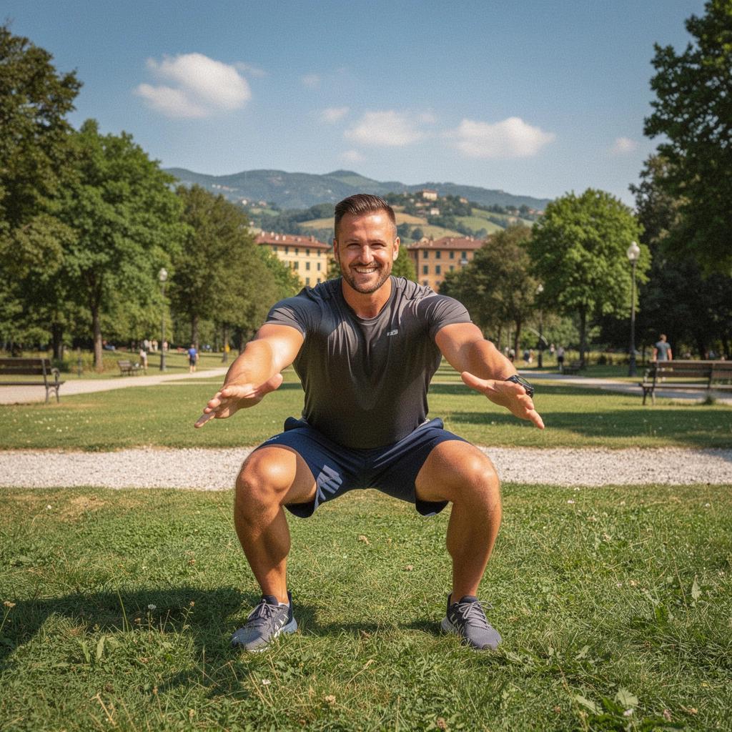 Gruppo di persone che svolgono esercizi di calisthenics in un parco verde, immersi nella natura.