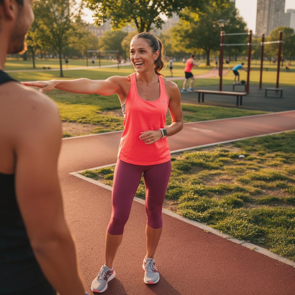 Un allenatore che guida una sessione di allenamento all'aperto, con sfondo di alberi e sentieri.