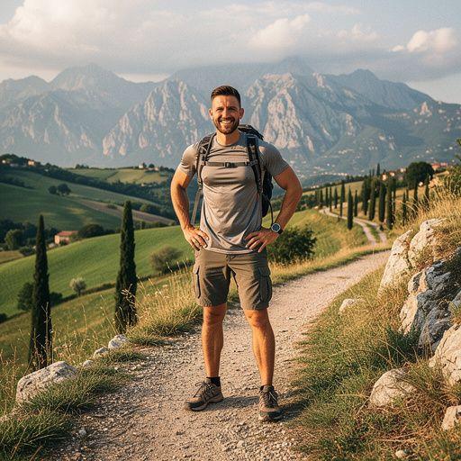 Partecipanti che si preparano per un'escursione, eseguendo esercizi di riscaldamento su un prato.